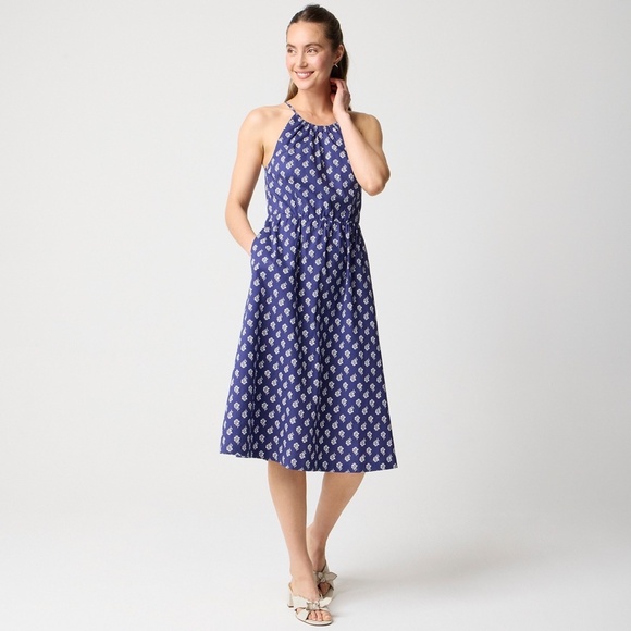 New JCREW Size 00 Strappy Poplin Halter Dress Riverbed Blue White $128 CK721 - Picture 2 of 5